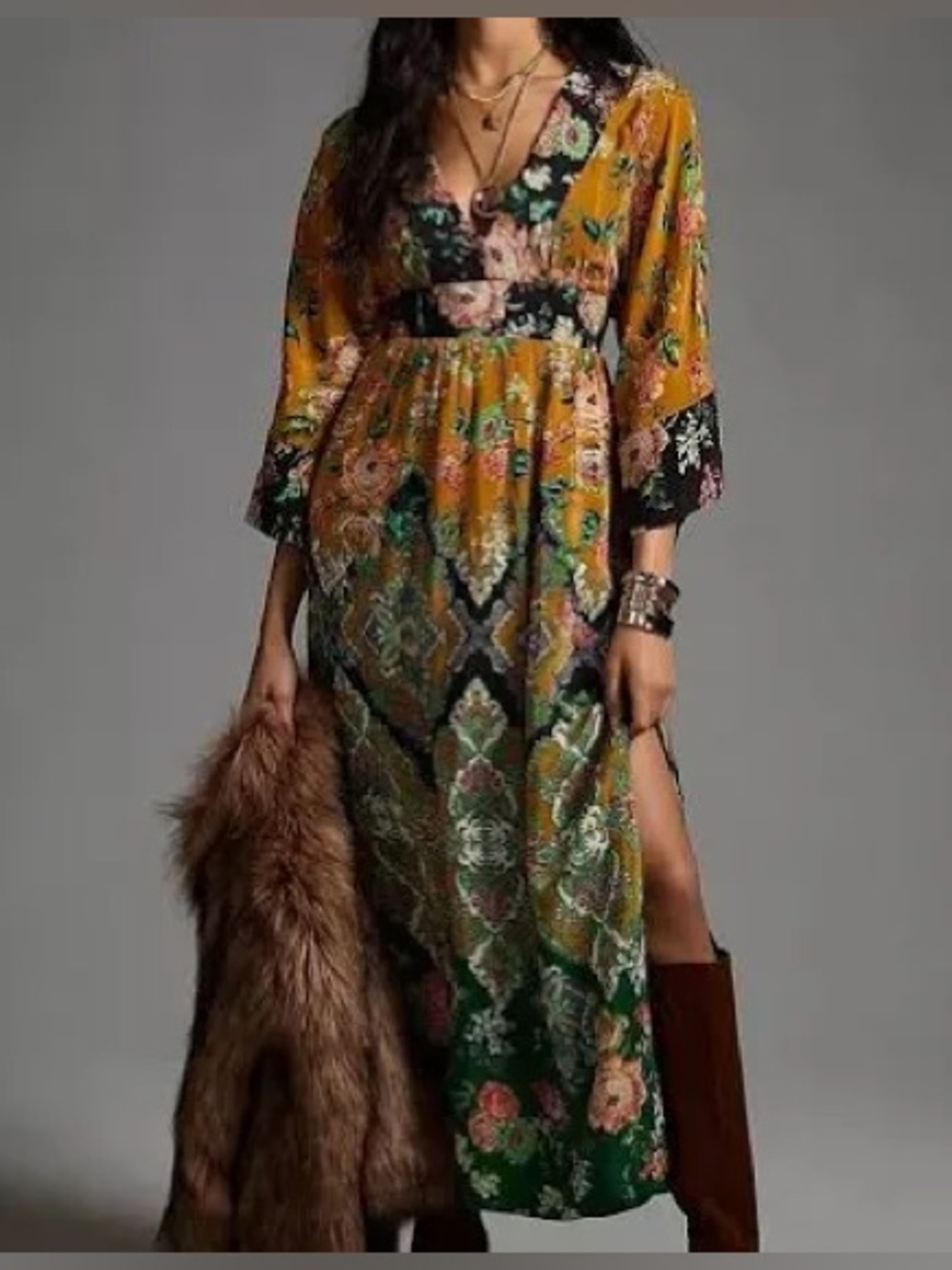 Anthropologie 14 Boho Patchwork Floral Midi Kimono Dress